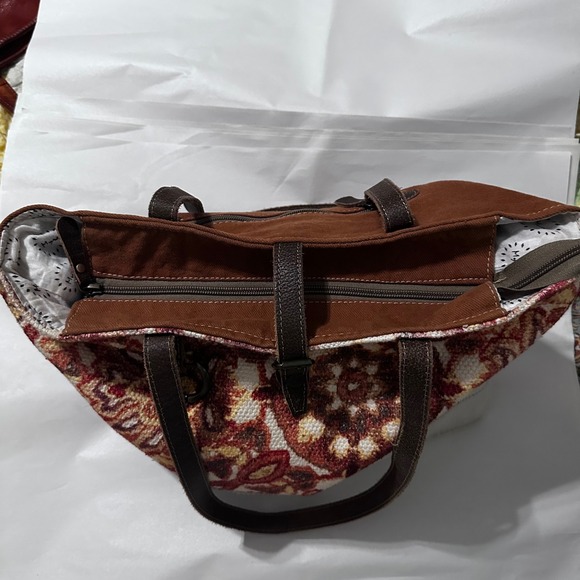 Myra Bag Cowhide Canvas Tote Shoulder Bag Leather Handles Boho Chic Purse - Picture 5 of 5